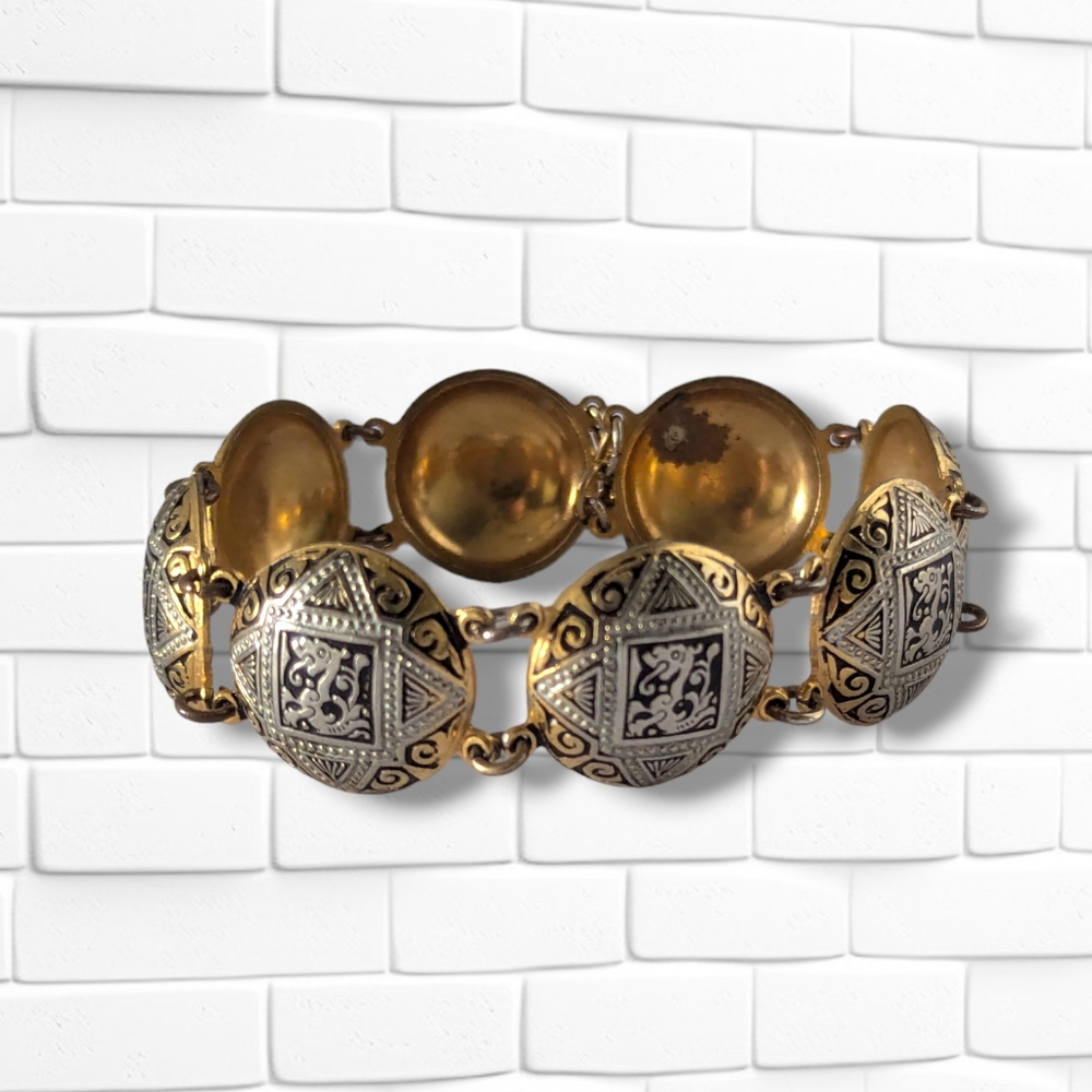 Vintage Spanish Damascene Bracelet Dragon Lion Link Two Tone Silver & Gold